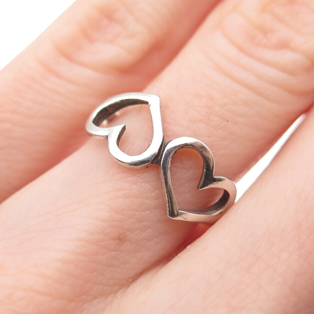 925 Sterling Silver Vintage Couple Hearts Oxidized Ring Size 6